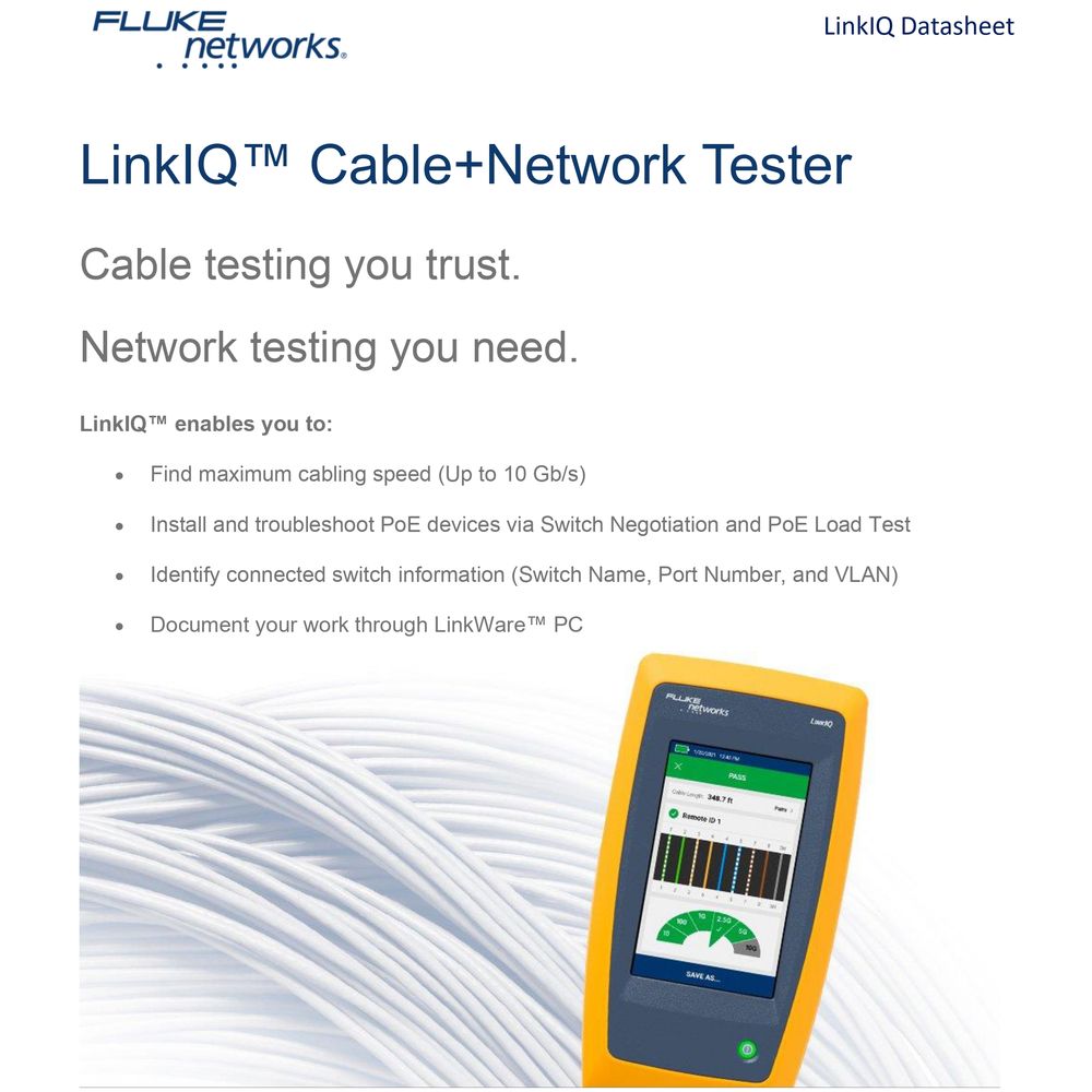 جهاز اختبار الكابلات والشبكات Fluke Networks LinkIQ مع اختبار حمل PoE، دعم 10G، رسم خرائط الأسلاك، وتشخيصات المحول