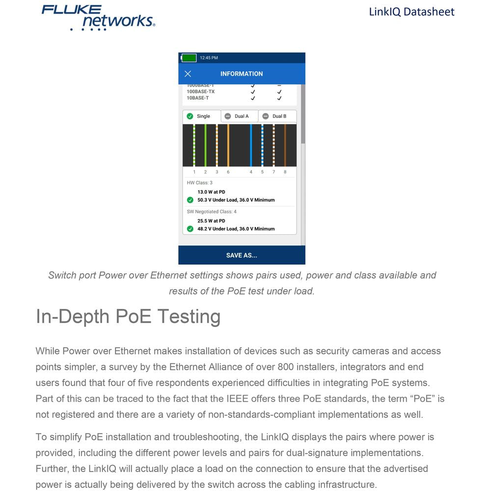 جهاز اختبار الكابلات والشبكات Fluke Networks LinkIQ مع اختبار حمل PoE، دعم 10G، رسم خرائط الأسلاك، وتشخيصات المحول