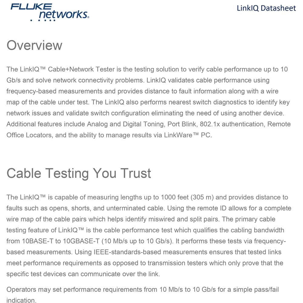 جهاز اختبار الكابلات والشبكات Fluke Networks LinkIQ مع اختبار حمل PoE، دعم 10G، رسم خرائط الأسلاك، وتشخيصات المحول