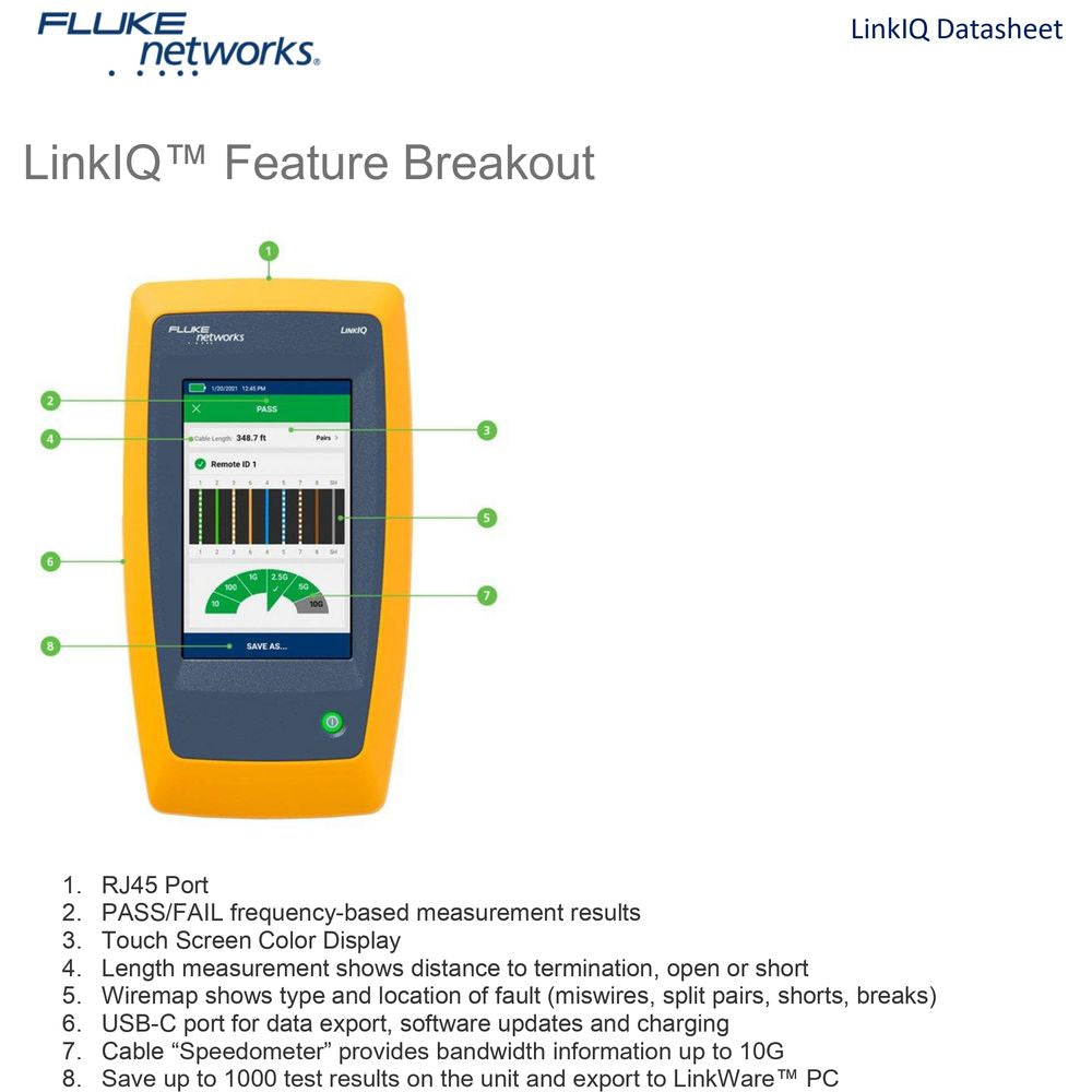 جهاز اختبار الكابلات والشبكات Fluke Networks LinkIQ مع اختبار حمل PoE، دعم 10G، رسم خرائط الأسلاك، وتشخيصات المحول