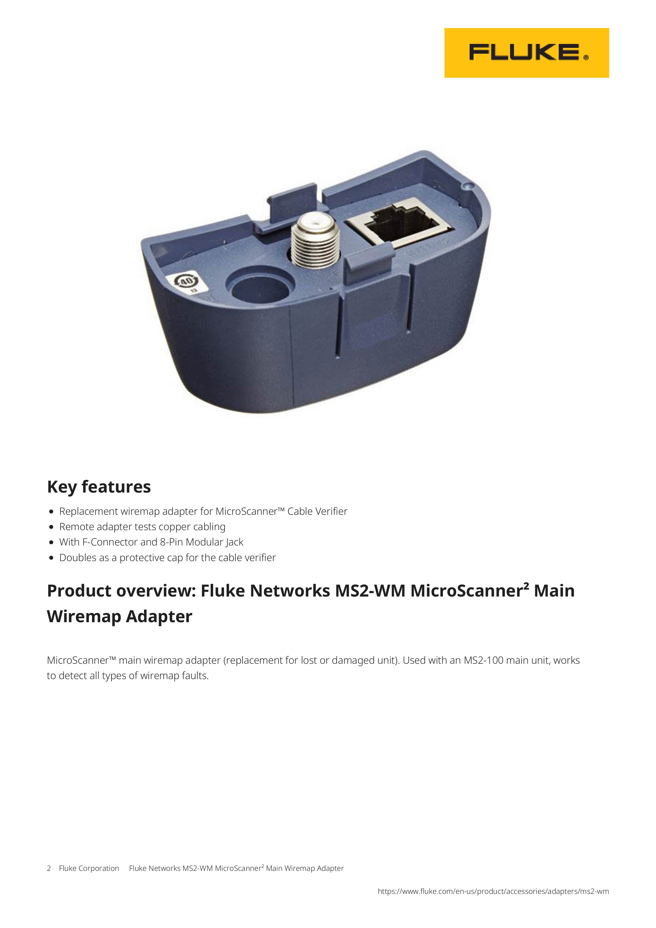 محول Fluke Networks MS2-WM MicroScanner² Wiremap الرئيسي – غطاء بديل لجهاز التحقق من الكابل مع موصل F وموصل ٨ دبابيس