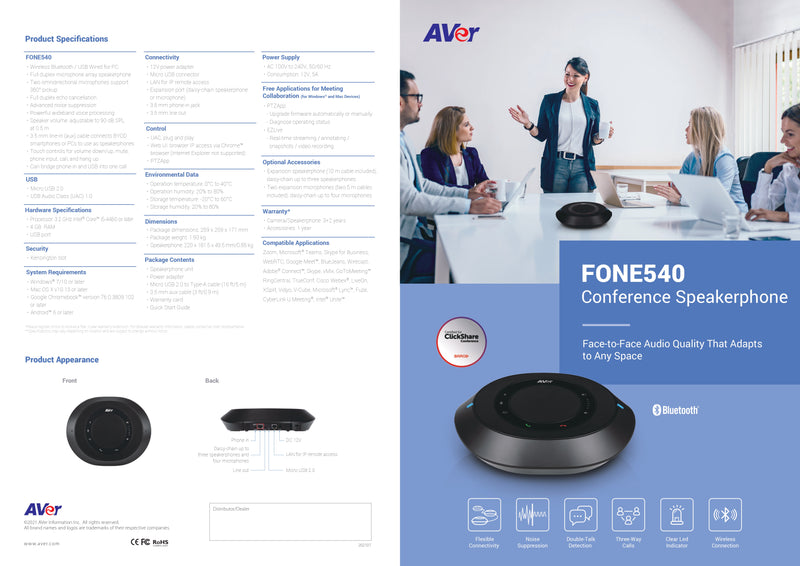 AVer FONE540 USB & Bluetooth Conference Speakerphone – Daisy-Chainable, 360° Mic Pickup, Noise Suppression, 3-Way Calling, Web UI Control