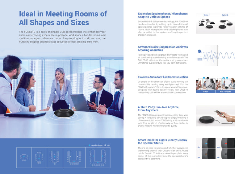 AVer FONE540 USB & Bluetooth Conference Speakerphone – Daisy-Chainable, 360° Mic Pickup, Noise Suppression, 3-Way Calling, Web UI Control