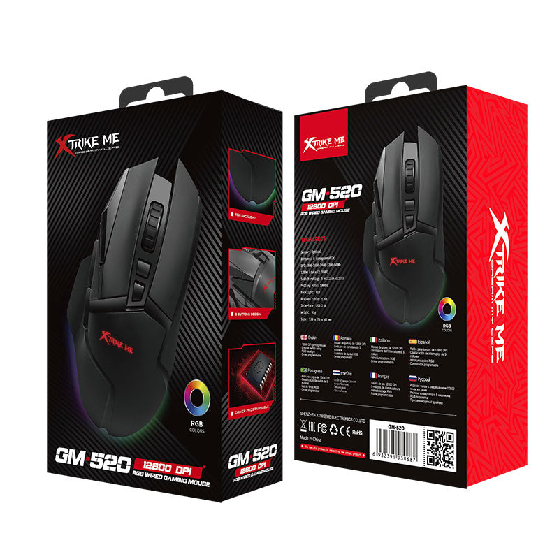 XTRIKE ME GM520 RGB Gaming Mouse - Optical Sensor 12,800 DPI - 8 Programmable Buttoms - 1000HZ Polling Rate With Software