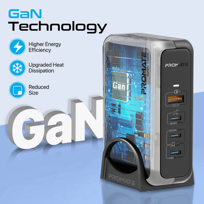 محطة شحن Promate فائقة السرعة GaNFast™ بقوة 140 واط مع Power Delivery 3.1 وQuick Charge 3.0