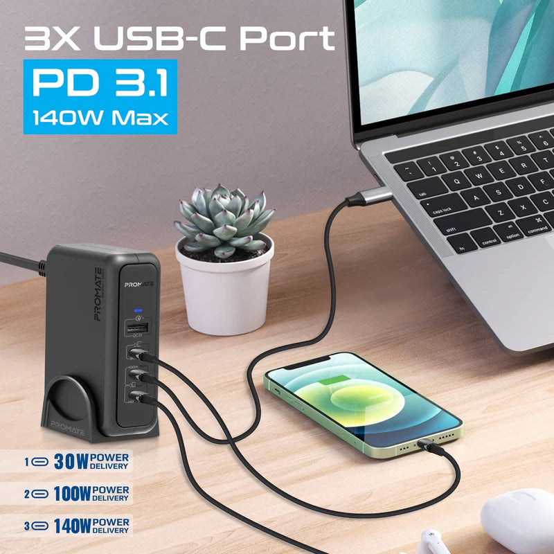 محطة شحن Promate فائقة السرعة GaNFast™ بقوة 140 واط مع Power Delivery 3.1 وQuick Charge 3.0