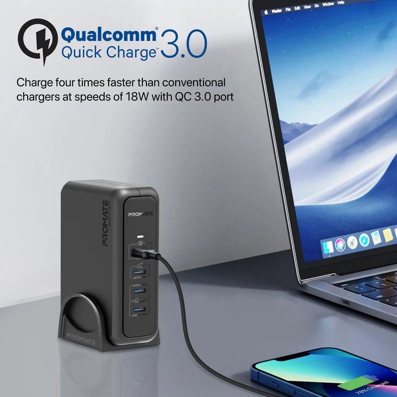 محطة شحن Promate فائقة السرعة GaNFast™ بقوة 140 واط مع Power Delivery 3.1 وQuick Charge 3.0