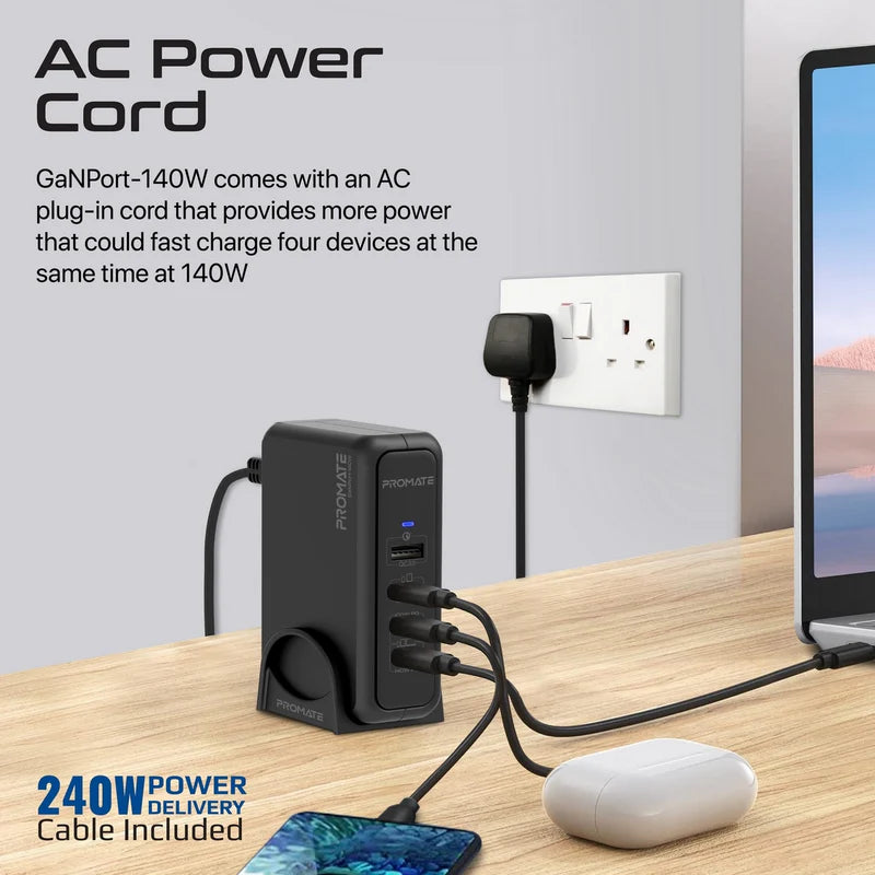 محطة شحن Promate فائقة السرعة GaNFast™ بقوة 140 واط مع Power Delivery 3.1 وQuick Charge 3.0