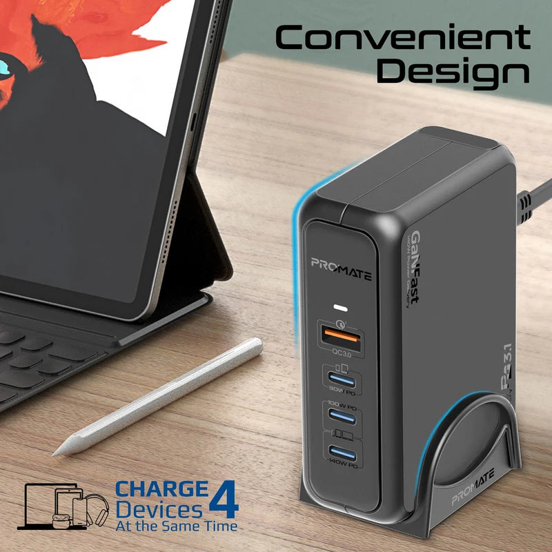 محطة شحن Promate فائقة السرعة GaNFast™ بقوة 140 واط مع Power Delivery 3.1 وQuick Charge 3.0