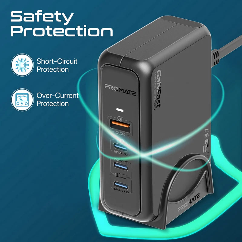 Promate 140W Super-Speed GaNFast™ Charging Station with Power Delivery 3.1 & Quick Charge 3.0