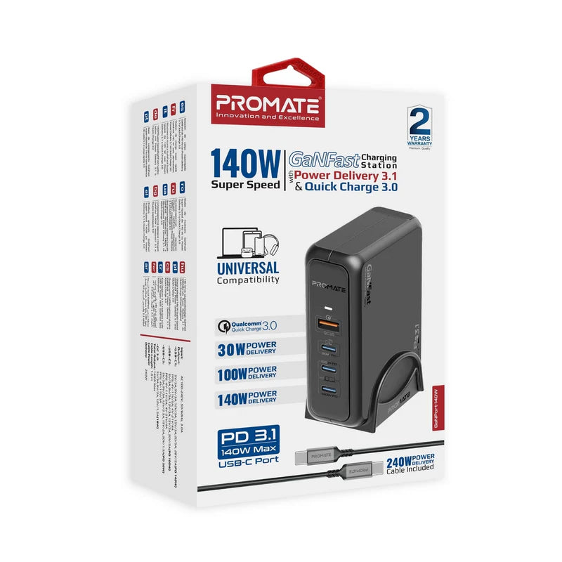 محطة شحن Promate فائقة السرعة GaNFast™ بقوة 140 واط مع Power Delivery 3.1 وQuick Charge 3.0