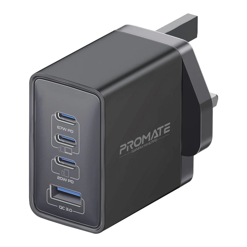 Promate GaNPort4-67PD 67W Power Delivery GaNFast™ Charger with Quick Charge 3.0