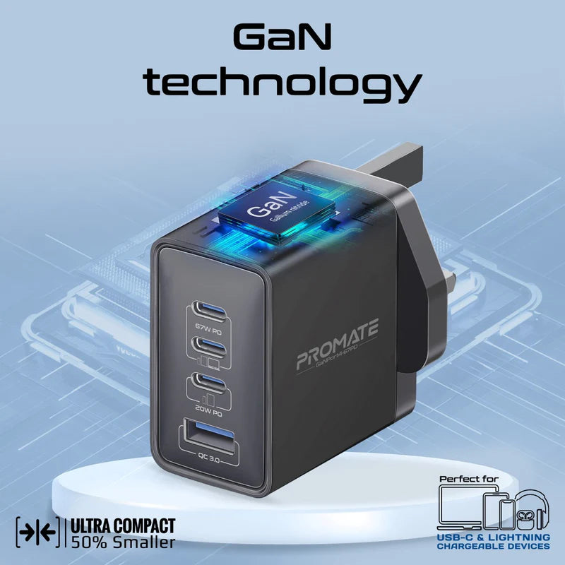 Promate GaNPort4-67PD 67W Power Delivery GaNFast™ Charger with Quick Charge 3.0