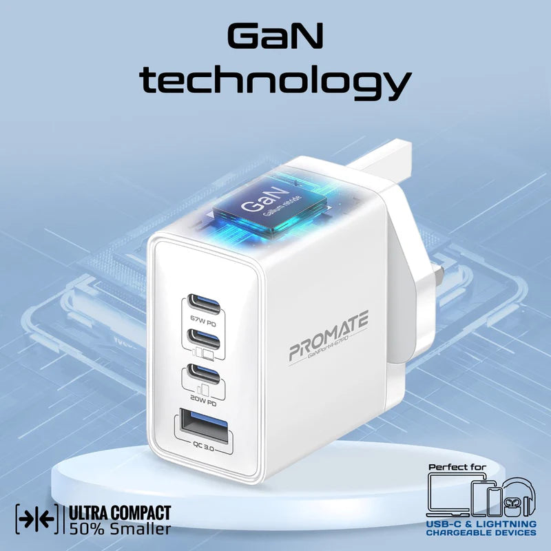 Promate 67W Power Delivery GaNFast™ Charger with Quick Charge 3.0