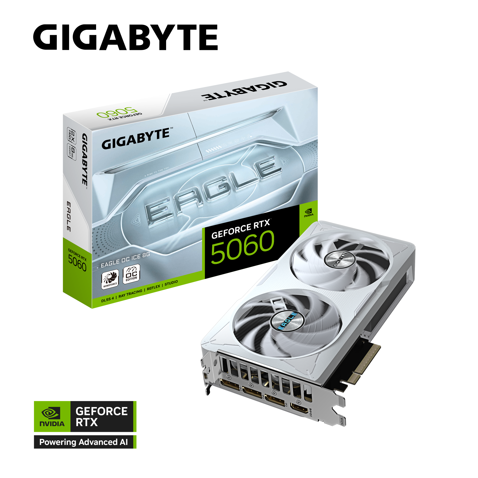 بطاقة الرسومات Gigabyte RTX 5060 EAGLE OC ICE 8G - ذاكرة GDDR7 سعة 8 جيجابايت، وتردد 2,550 ميجاهرتز، ومنفذ PCIe 5.0، وتبريد WINDFORCE ثنائي المروحة