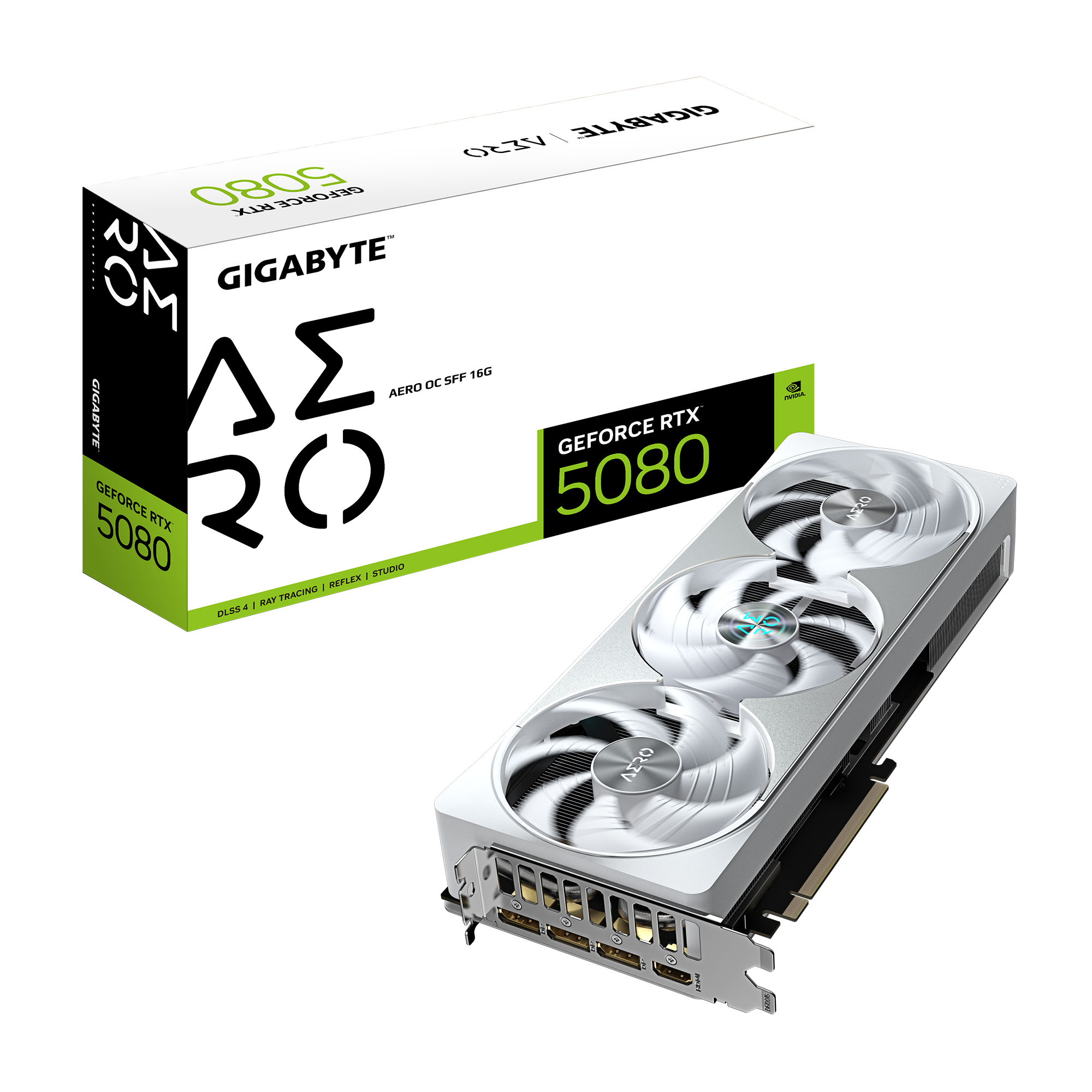 بطاقة الرسومات Gigabyte GeForce RTX 5080 AERO OC SFF سعة 16 جيجابايت (GV-N5080AERO-OC-16GD) - ذاكرة GDDR7 سعة 16 جيجابايت، وتقنية DLSS 4، وتبريد WINDFORCE، وإضاءة RGB، ونظام BIOS مزدوج