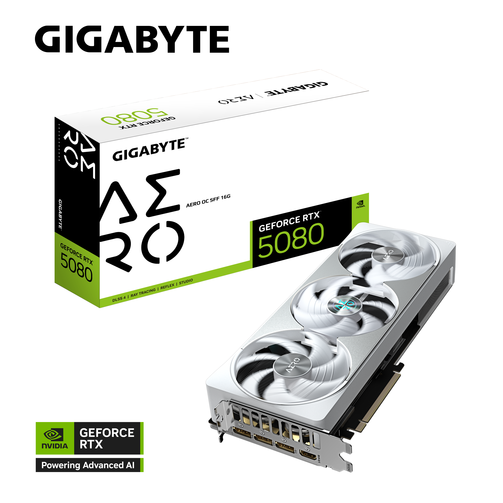 بطاقة الرسومات Gigabyte GeForce RTX 5080 AERO OC SFF سعة 16 جيجابايت (GV-N5080AERO-OC-16GD) - ذاكرة GDDR7 سعة 16 جيجابايت، وتقنية DLSS 4، وتبريد WINDFORCE، وإضاءة RGB، ونظام BIOS مزدوج