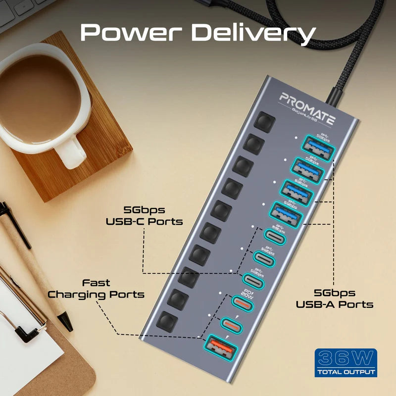 Promate 10-in-1 High Speed Multi-Port 5Gbps Data & Charging Hub