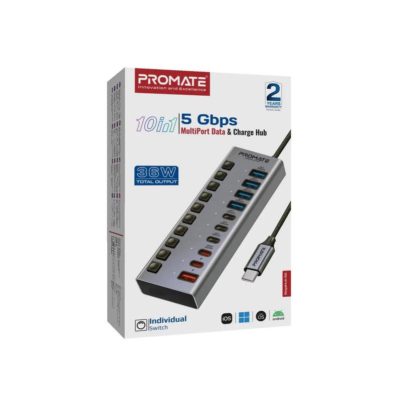 Promate 10-in-1 High Speed Multi-Port 5Gbps Data & Charging Hub