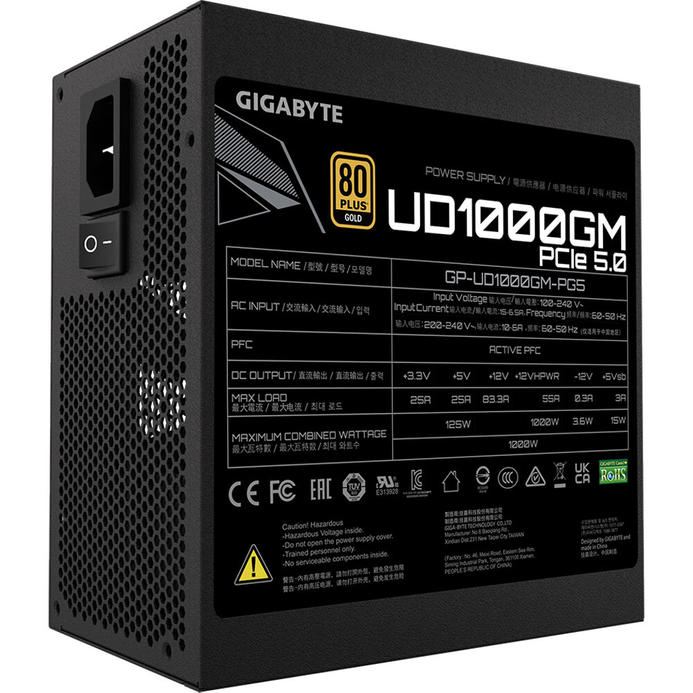 GIGABYTE GP-UD1000GM PG5 1000W PSU – ATX 3.0, PCIe Gen5 Ready, 80+ Gold, Fully Modular, Compact Design