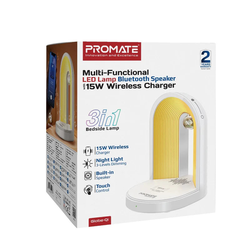 Promate Globe-QI – 3-in-1 LED Night-Lamp, Bluetooth Speaker & 15 W Wireless Charger