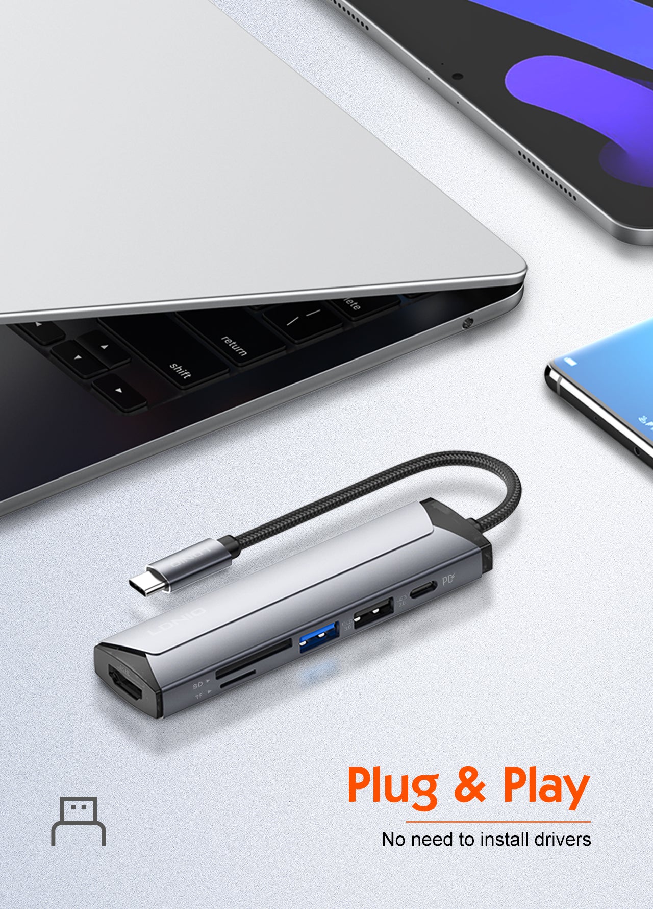 محطة إرساء متعددة الوظائف LDNIO DS-56H بمنفذ USB-C مع شحن PD بقوة 100 واط، منفذ HDMI، USB 2.0، قارئ بطاقات SD وTF، محول Type-C إلى منافذ متعددة لأجهزة اللابتوب، ماك بوك، التابلت وأجهزة USB-C