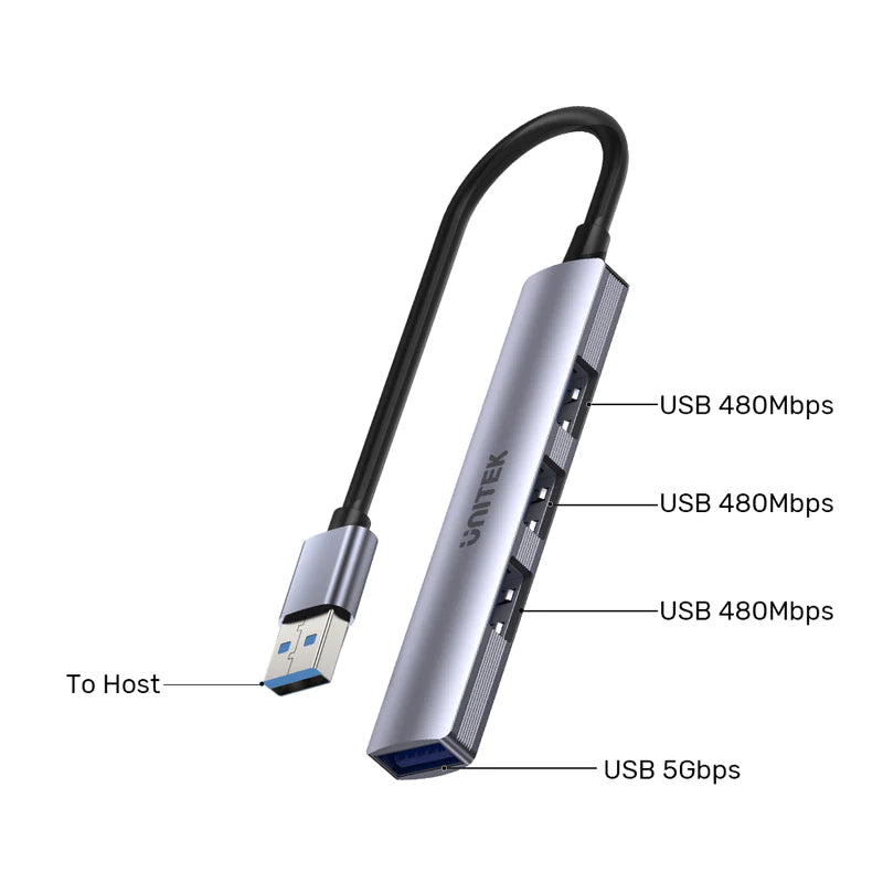 UNITEK uHUB 4-in-1 USB-A Hub محور USB متعدد المنافذ عالي السرعة يصل إلى 5 جيجابت في الثانية