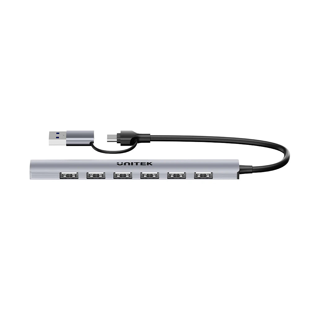 Unitek uHUB S7 7-in-1 USB Hub – 1x USB-A 5Gbps - 6x USB-A 480Mbps - USB-C Input with USB-A Adapter - Aluminum Alloy - Compact Design - Plug & Play
