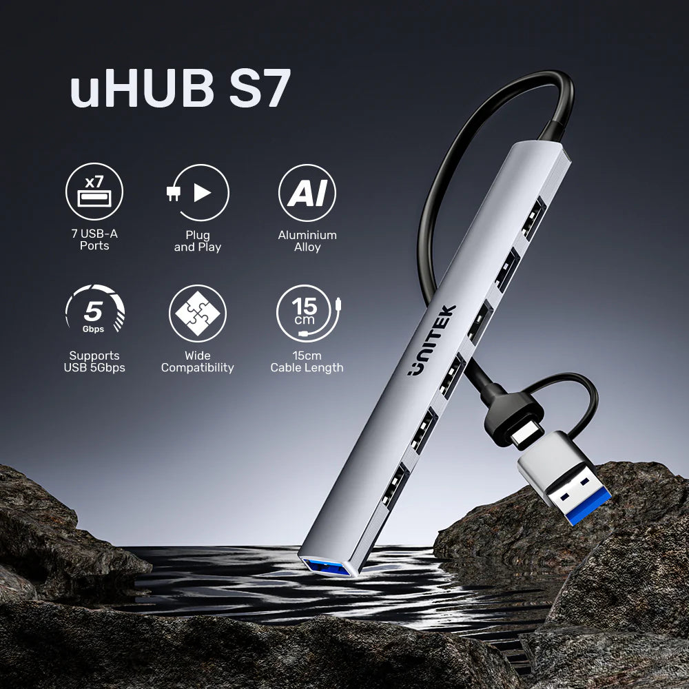 Unitek uHUB S7 7-in-1 USB Hub – 1x USB-A 5Gbps - 6x USB-A 480Mbps - USB-C Input with USB-A Adapter - Aluminum Alloy - Compact Design - Plug & Play