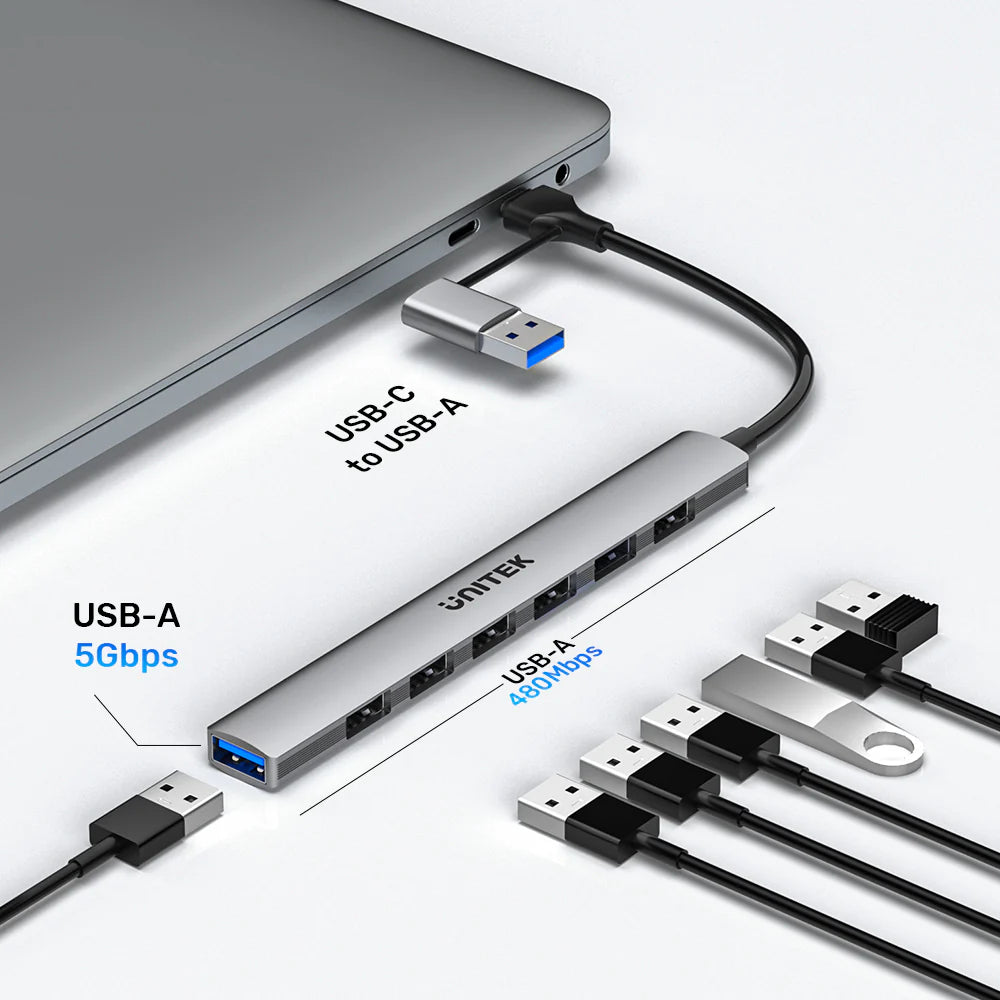 Unitek uHUB S7 7-in-1 USB Hub – 1x USB-A 5Gbps - 6x USB-A 480Mbps - USB-C Input with USB-A Adapter - Aluminum Alloy - Compact Design - Plug & Play