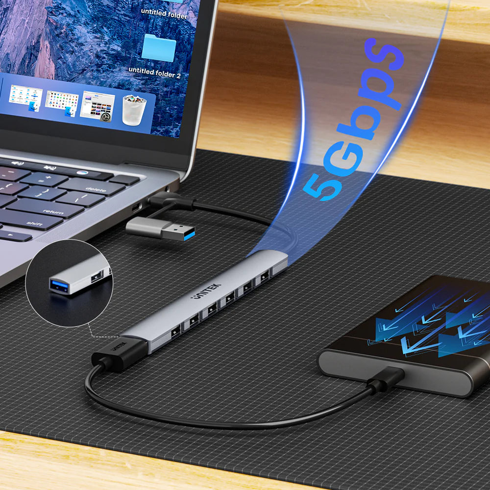 Unitek uHUB S7 7-in-1 USB Hub – 1x USB-A 5Gbps - 6x USB-A 480Mbps - USB-C Input with USB-A Adapter - Aluminum Alloy - Compact Design - Plug & Play