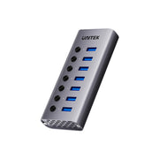 موزع USB 3.0 من UNITEK بـ 7 منافذ مع مفاتيح طاقة فردية - سرعة 5 جيجابت في الثانية، شحن سريع 2.4 أمبير، مدخل USB-A وUSB-C، سبيكة ألومنيوم، محول طاقة 12 فولت/2 أمبير