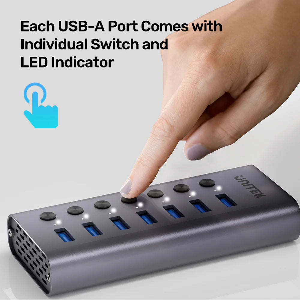 UNITEK 7-Port USB 3.0 Hub with Individual Power Switches – 5Gbps, 2.4A Fast Charging, USB-A & USB-C Input, Aluminium Alloy, 12V/2A Power Adapter