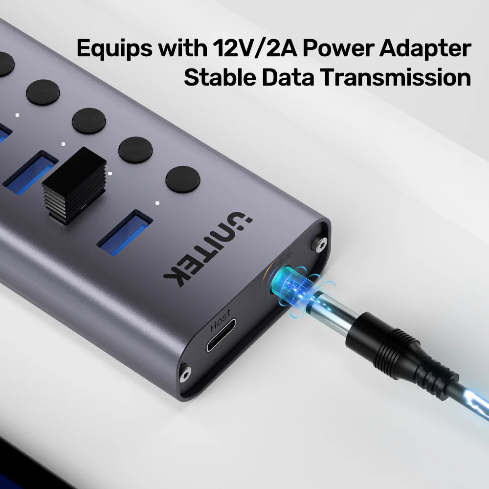 UNITEK 7-Port USB 3.0 Hub with Individual Power Switches – 5Gbps, 2.4A Fast Charging, USB-A & USB-C Input, Aluminium Alloy, 12V/2A Power Adapter