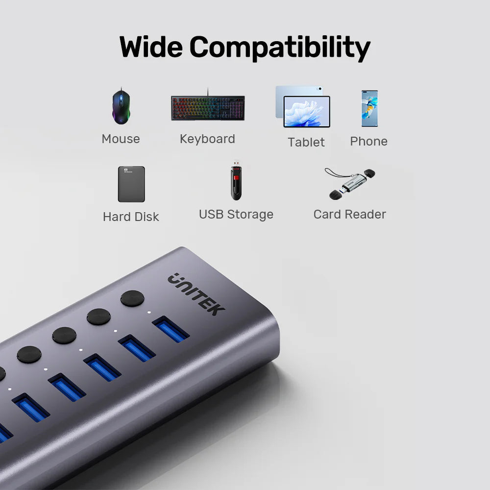 UNITEK 7-Port USB 3.0 Hub with Individual Power Switches – 5Gbps, 2.4A Fast Charging, USB-A & USB-C Input, Aluminium Alloy, 12V/2A Power Adapter