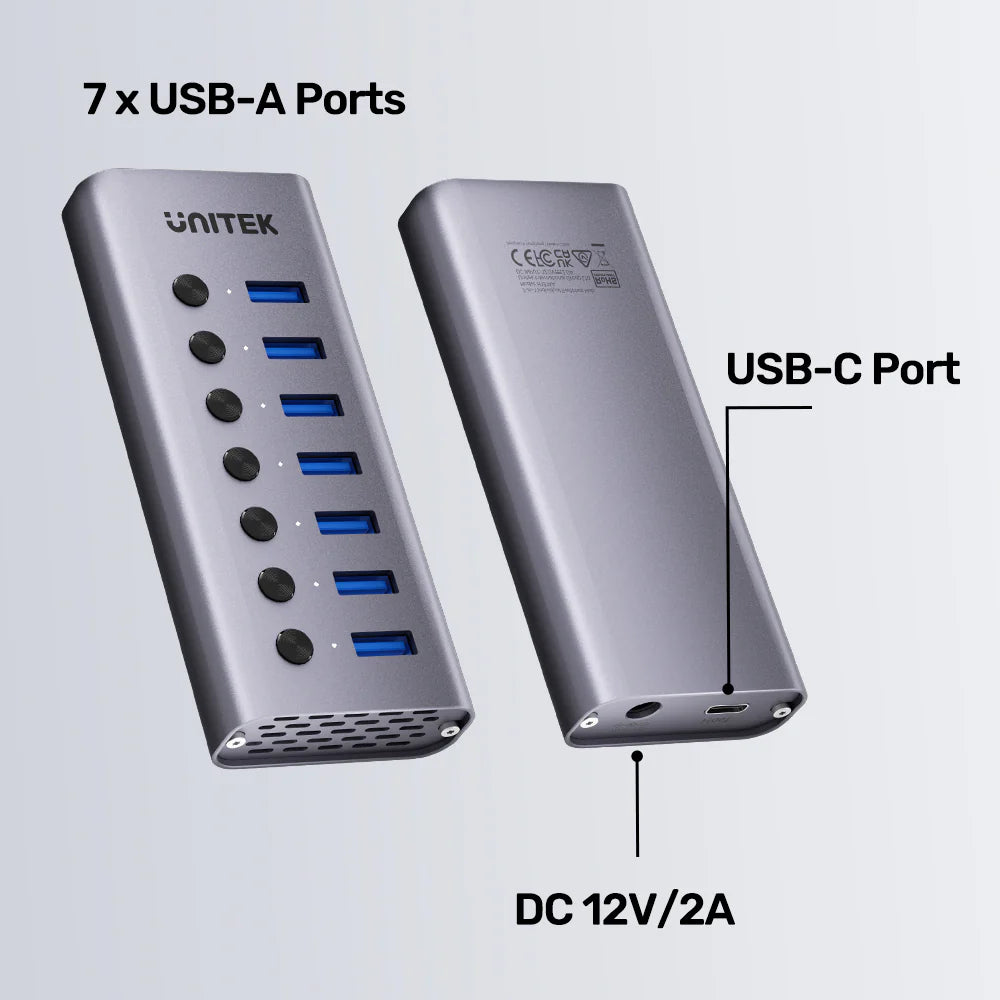 UNITEK 7-Port USB 3.0 Hub with Individual Power Switches – 5Gbps, 2.4A Fast Charging, USB-A & USB-C Input, Aluminium Alloy, 12V/2A Power Adapter