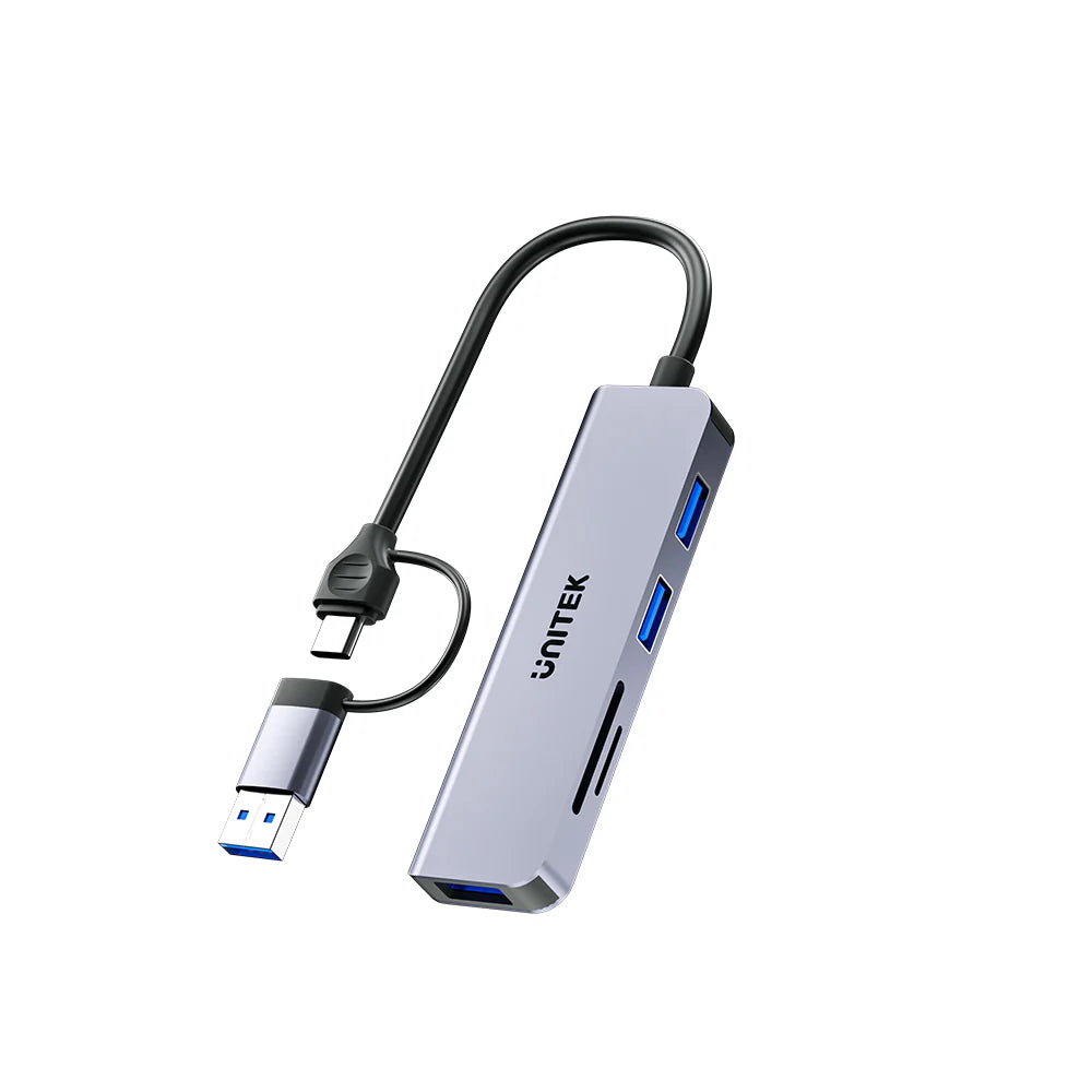 Unitek uHUB P5+ 5-in-1 USB Hub – 3x USB-A 5Gbps Ports - SD & MicroSD Card Readers - USB-C/USB-A Dual Interface - Aluminum Alloy - Compact Design