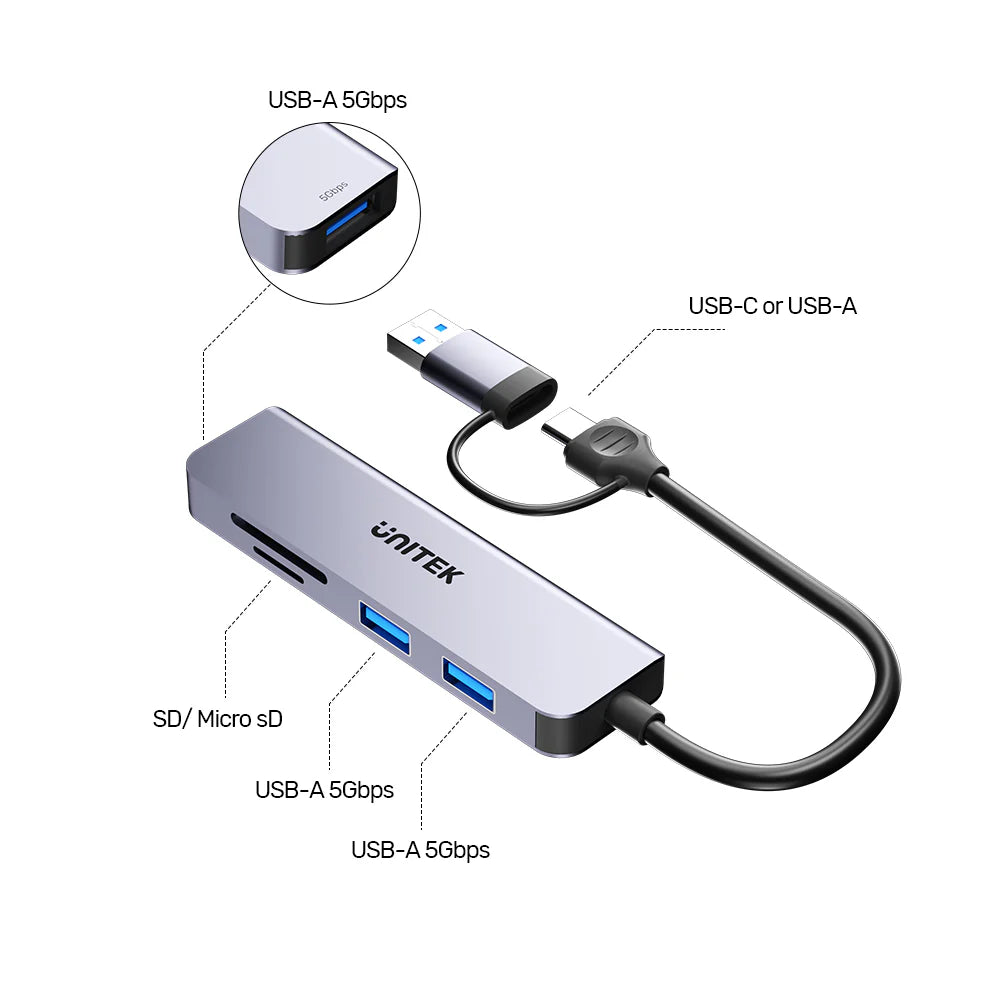 Unitek uHUB P5+ 5-in-1 USB Hub – 3x USB-A 5Gbps Ports - SD & MicroSD Card Readers - USB-C/USB-A Dual Interface - Aluminum Alloy - Compact Design
