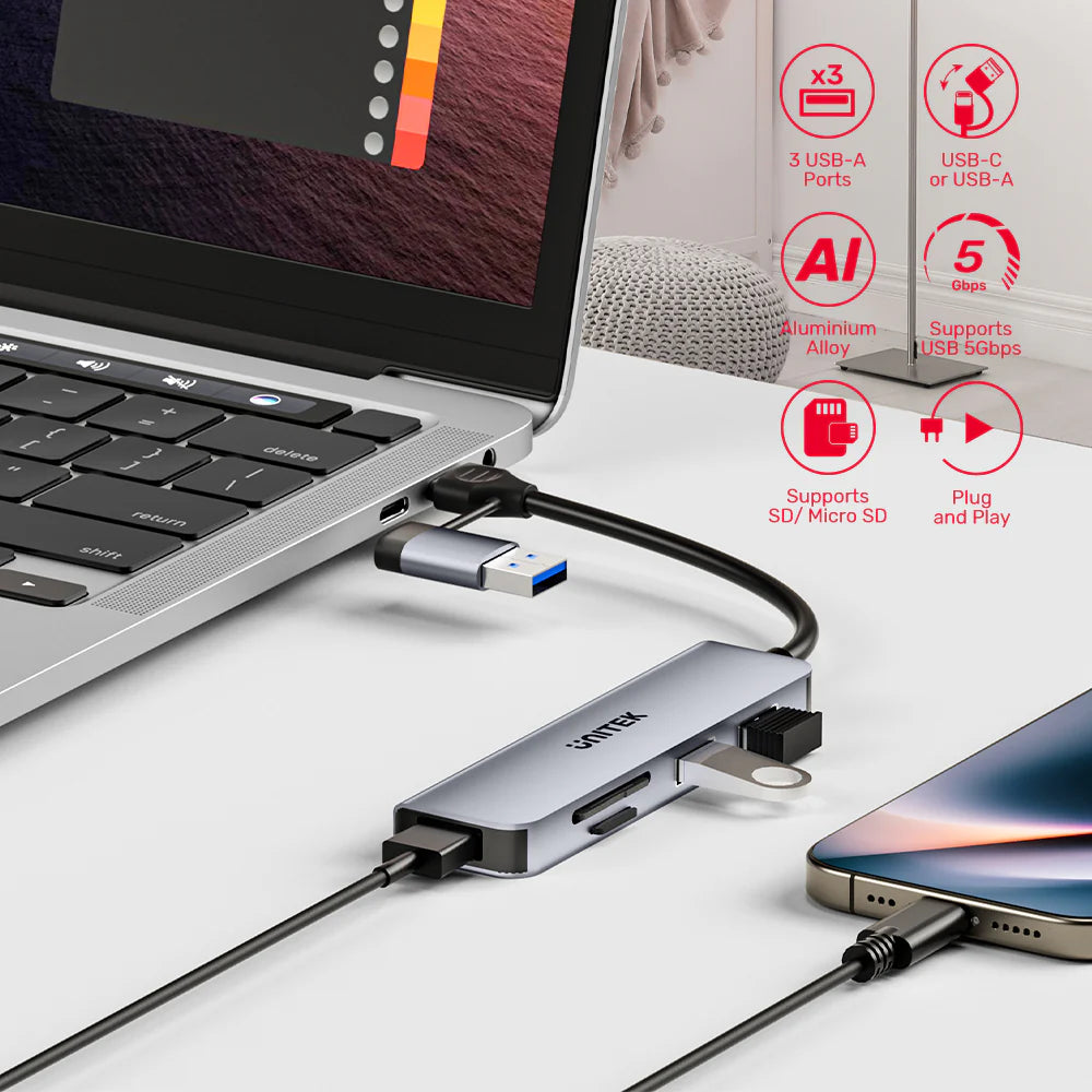 Unitek uHUB P5+ 5-in-1 USB Hub – 3x USB-A 5Gbps Ports - SD & MicroSD Card Readers - USB-C/USB-A Dual Interface - Aluminum Alloy - Compact Design