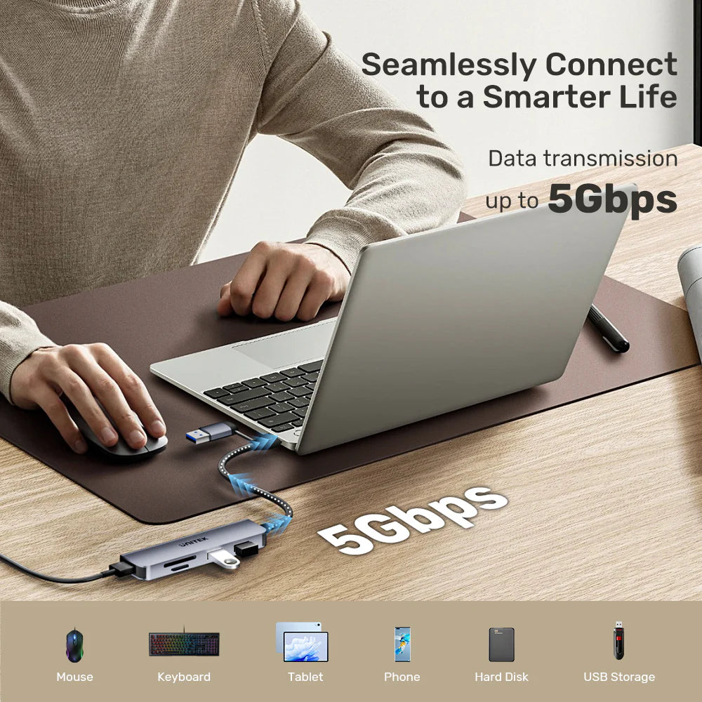 Unitek uHUB P5+ 5-in-1 USB Hub – 3x USB-A 5Gbps Ports - SD & MicroSD Card Readers - USB-C/USB-A Dual Interface - Aluminum Alloy - Compact Design