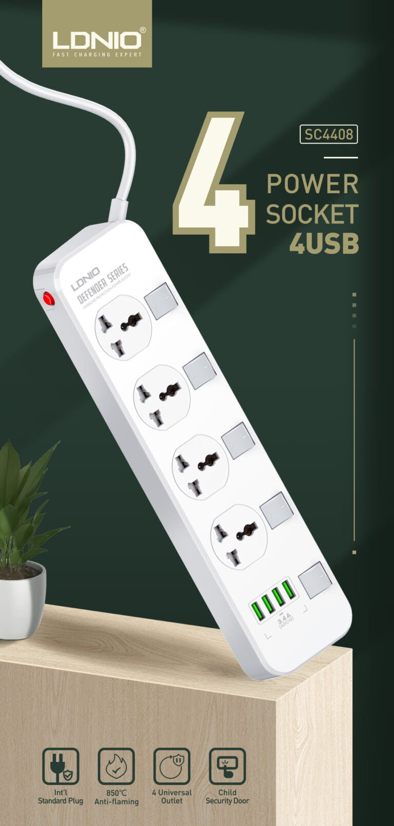 LDNIO SC4408 4-Outlet Power Strip + 4 USB Ports – 2-Meter Cable, 2500W Max, Auto-ID Charging, Overload Protection