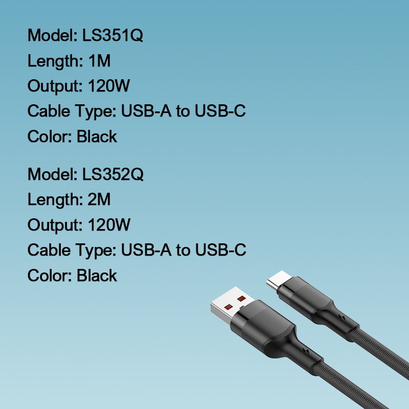 كابل شحن سريع محمي USB بقوة 120 واط من LDNIO موديل LS351Q، كابل بيانات نوع C بطول 1 متر لأجهزة iOS والهواتف المحمولة وبنوك الطاقة – مزامنة وشحن عالي السرعة