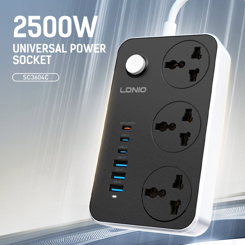 LDNIO SC3604C Waterproof Power Strip, 3 AC + 6 USB (USB-C), 20W Fast Charge, 2500W, 2M Cable – Universal Plug