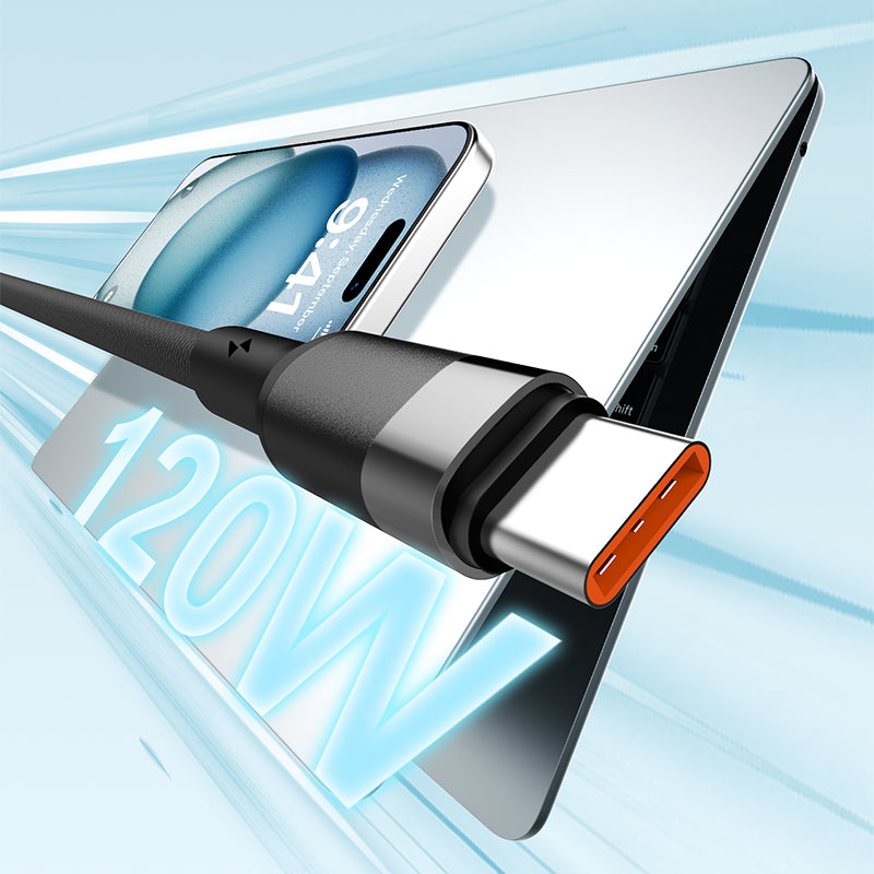 كابل شحن سريع محمي USB بقوة 120 واط من LDNIO موديل LS351Q، كابل بيانات نوع C بطول 1 متر لأجهزة iOS والهواتف المحمولة وبنوك الطاقة – مزامنة وشحن عالي السرعة