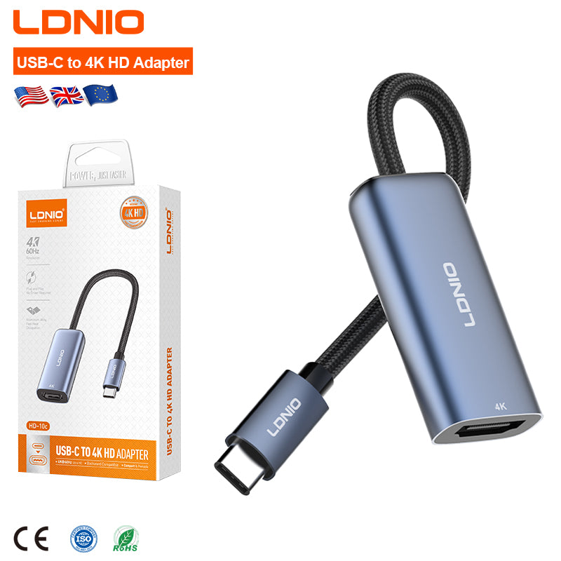 محول LDNIO HD-10C USB-C مع مخرج HDMI بدقة 4K، محطة إرساء بدقة 4K@60Hz، محول متعدد المنافذ من الألمنيوم، محور USB-C للتوصيل والتشغيل لأجهزة اللابتوب والأجهزة الأخرى