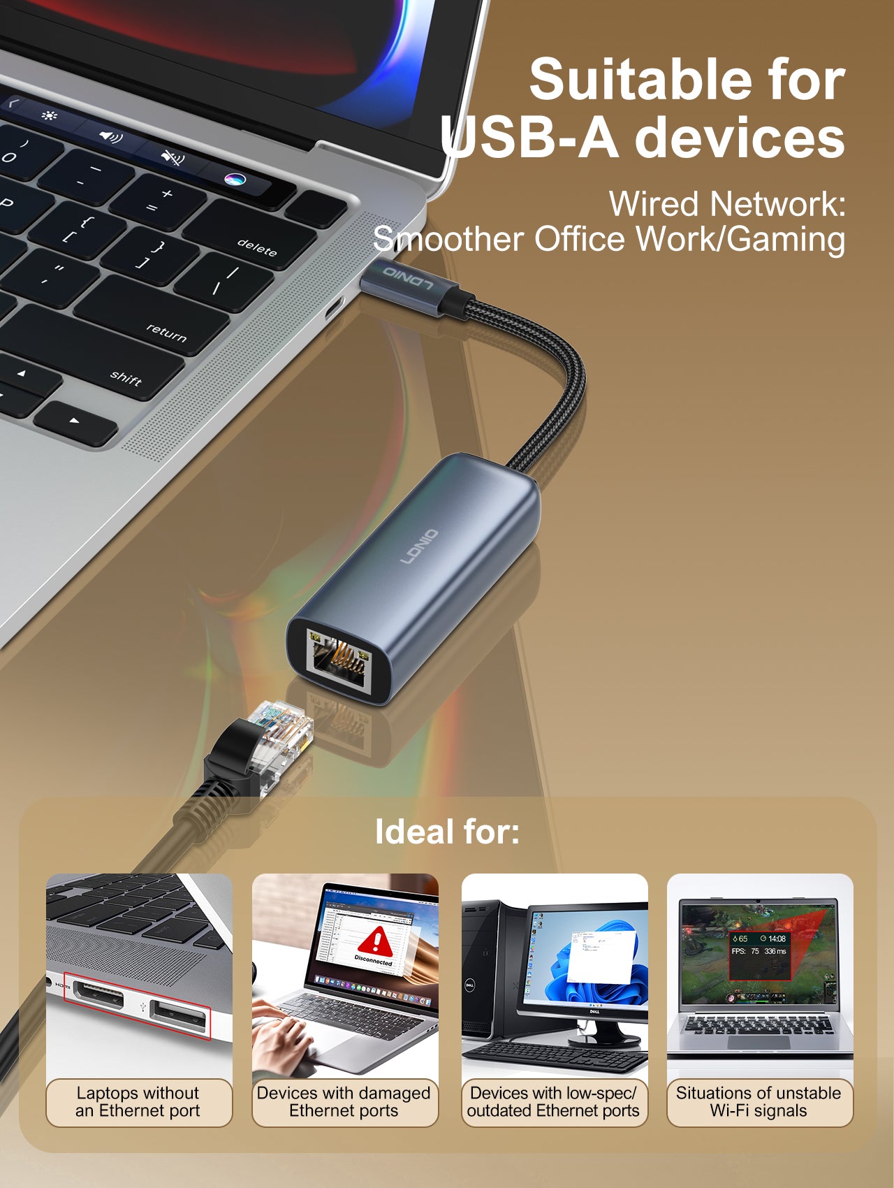LDNIO RJ-01C USB-C to Gigabit Ethernet Adapter Hub, Aluminum Alloy Docking Station, Plug & Play LAN Converter, High-Speed Wired Network Adapter for Laptop & PC