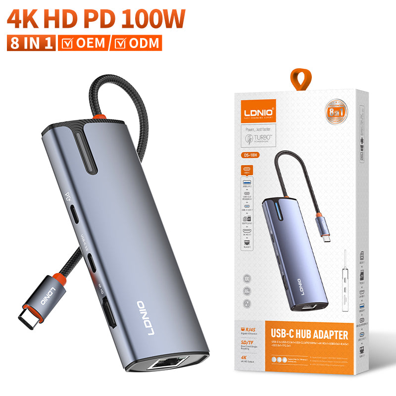 محول محور LDNIO DS-18H متعدد المنافذ 7 في 1 بمنفذ USB-C مع HDMI، شحن PD، منافذ USB 3.0، قارئ بطاقات SD/TF، محطة متعددة المنافذ Type-C لأجهزة اللابتوب، ماك بوك، التابلت والأجهزة المحمولة