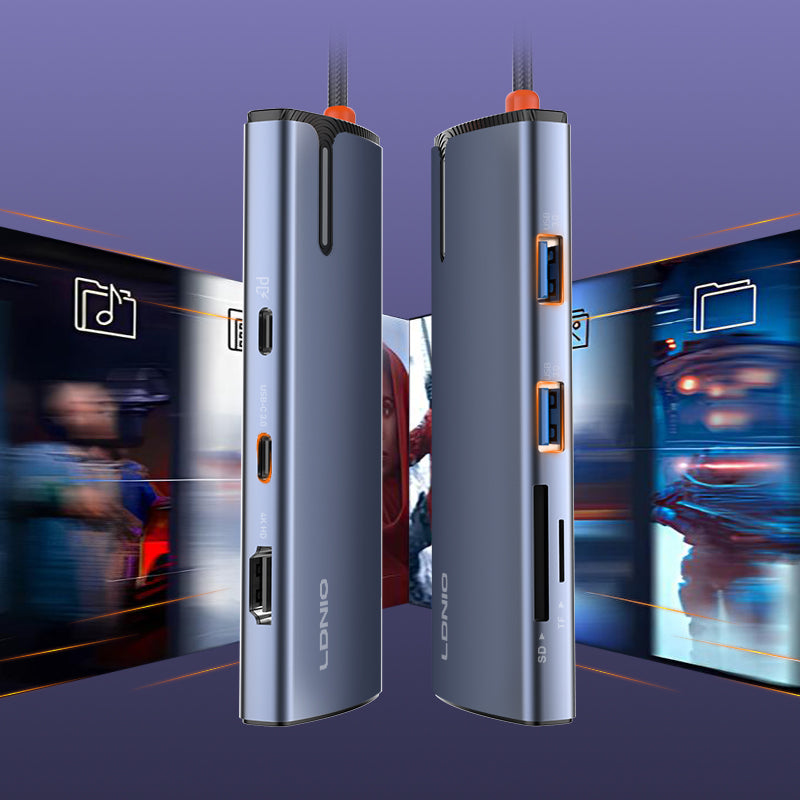 محول محور LDNIO DS-18H متعدد المنافذ 7 في 1 بمنفذ USB-C مع HDMI، شحن PD، منافذ USB 3.0، قارئ بطاقات SD/TF، محطة متعددة المنافذ Type-C لأجهزة اللابتوب، ماك بوك، التابلت والأجهزة المحمولة