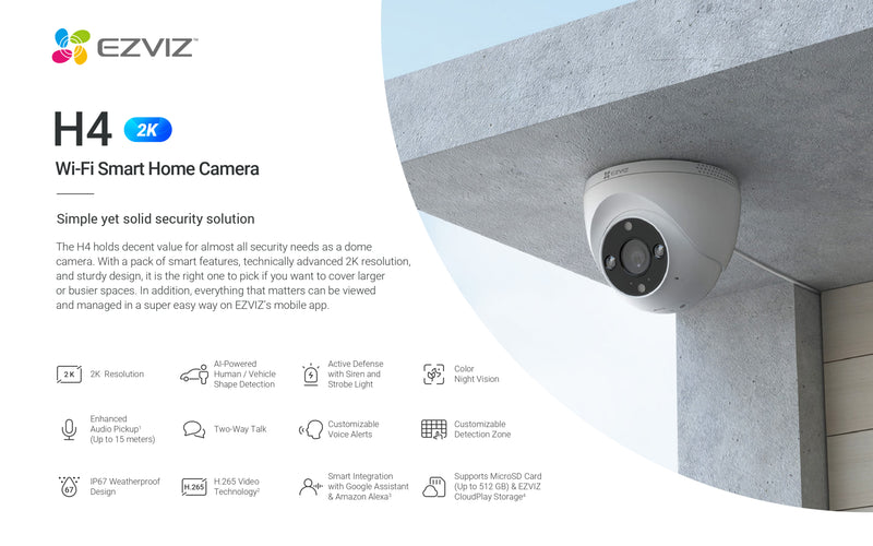 EZVIZ H4 2K Wi-Fi Smart Home Camera, IP67, Color Night Vision, 2-Way Audio, Dual Antennas, AI Motion Detection, Siren & Strobe, 512GB Support