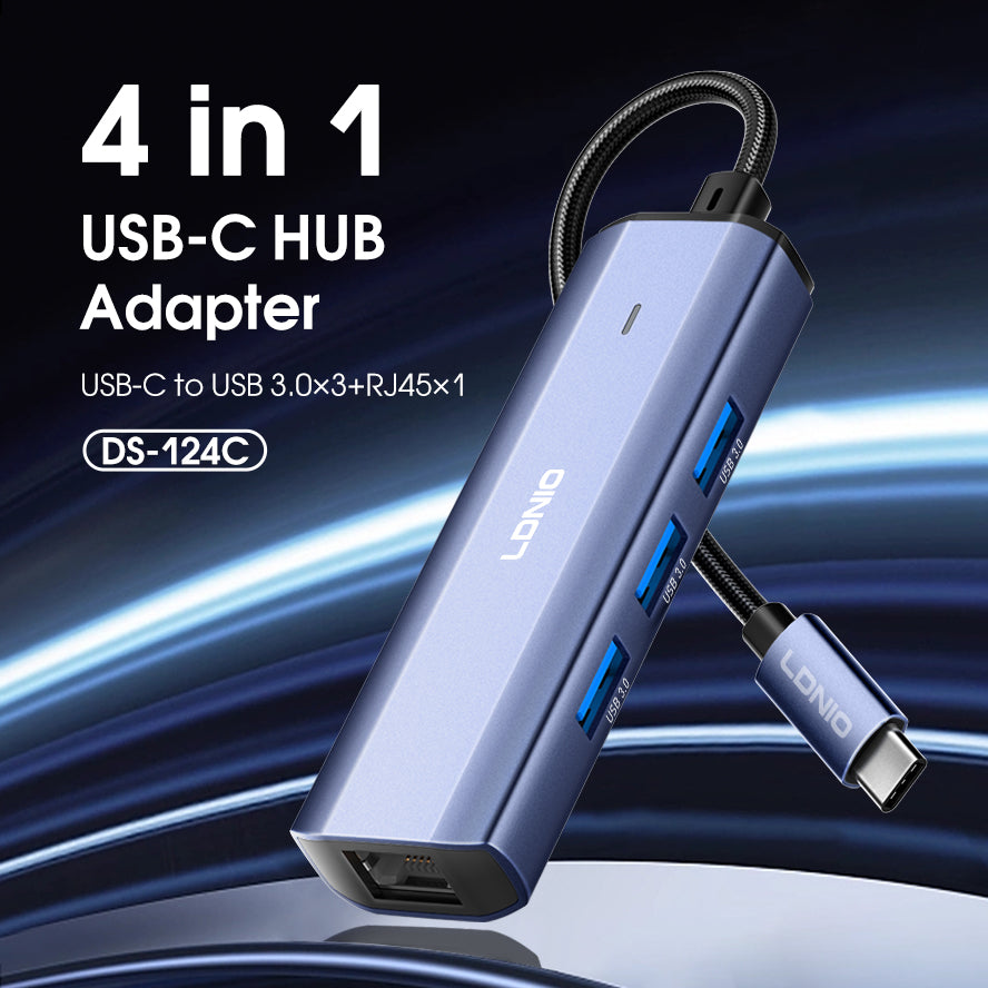 LDNIO DS-124C USB-C 3.0 Hub Adapter, 5Gbps Multiport Docking Station with USB-A and RJ45 Ethernet, High-Speed Connectivity for Laptop, Tablet & PC
